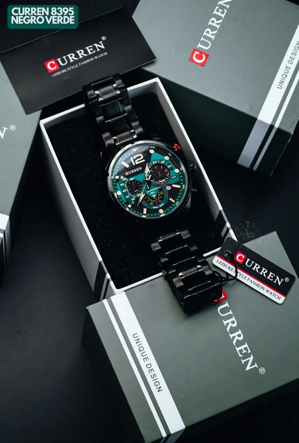 Reloj Curren M8395 Original | Negro & Verde | Pulso en Acero Inoxidable