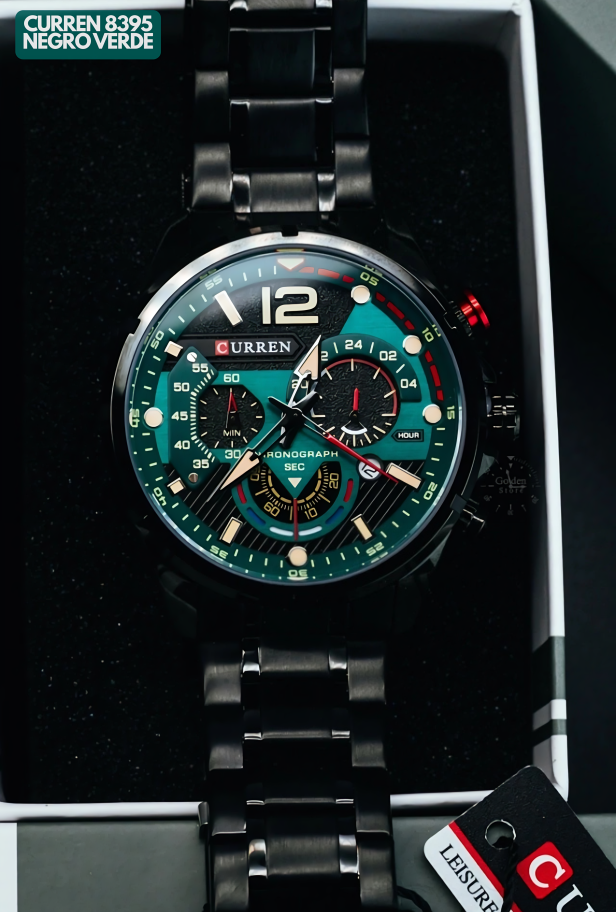 Reloj Curren M8395 Original | Negro & Verde | Pulso en Acero Inoxidable