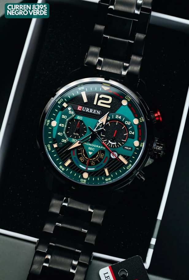 Reloj Curren M8395 Original | Negro & Verde | Pulso en Acero Inoxidable