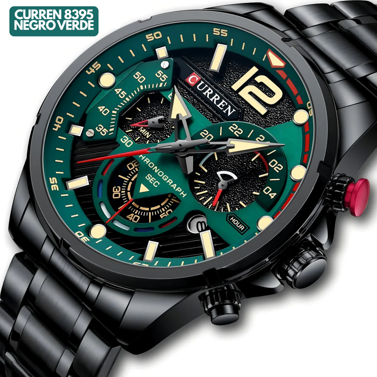 Reloj Curren M8395 Original | Negro & Verde | Pulso en Acero Inoxidable
