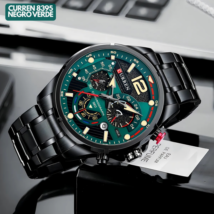 Reloj Curren M8395 Original | Negro & Verde | Pulso en Acero Inoxidable