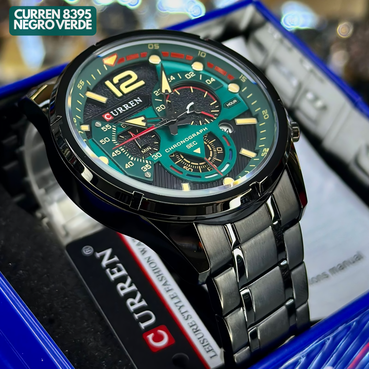 Reloj Curren M8395 Original | Negro & Verde | Pulso en Acero Inoxidable
