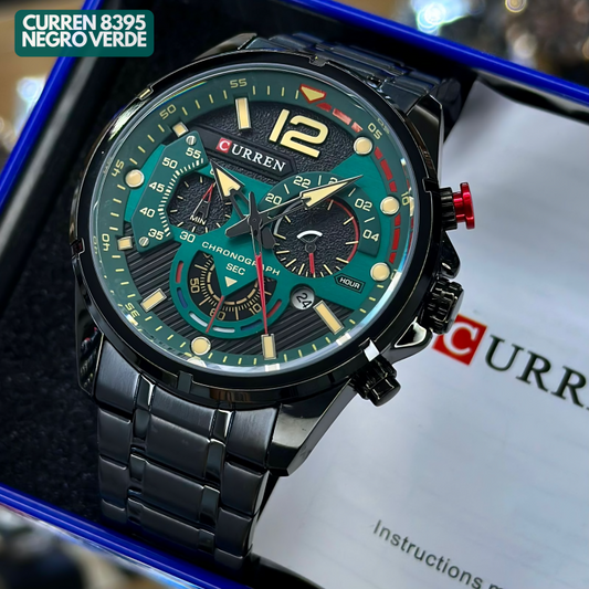 Reloj Curren M8395 Original | Negro & Verde | Pulso en Acero Inoxidable