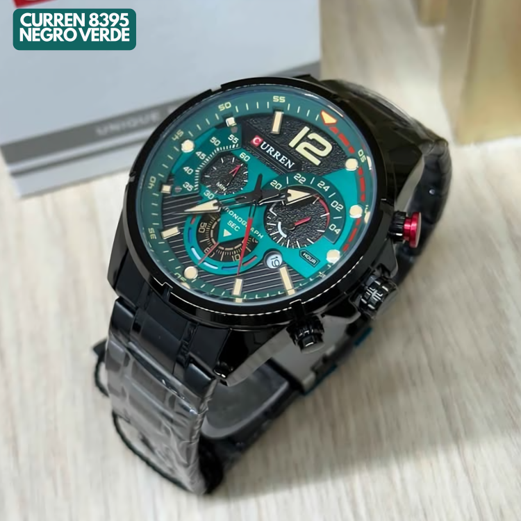 Reloj Curren M8395 Original | Negro & Verde | Pulso en Acero Inoxidable