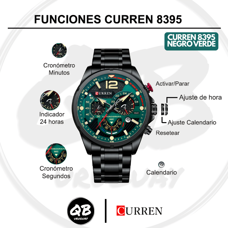Reloj Curren M8395 Original | Negro & Verde | Pulso en Acero Inoxidable