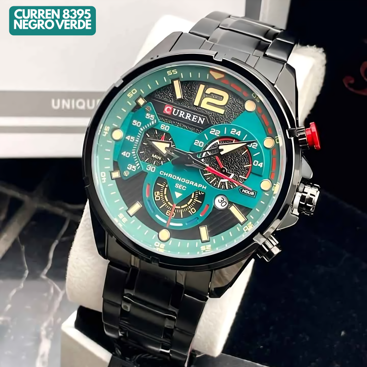 Reloj Curren M8395 Original | Negro & Verde | Pulso en Acero Inoxidable