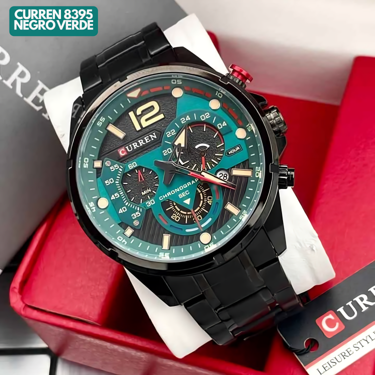 Reloj Curren M8395 Original | Negro & Verde | Pulso en Acero Inoxidable