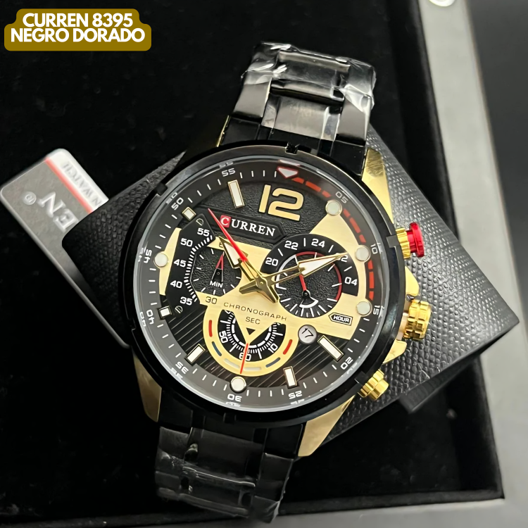 Reloj Curren M8395 Original | Negro & Dorado | Pulso en Acero Inoxidable