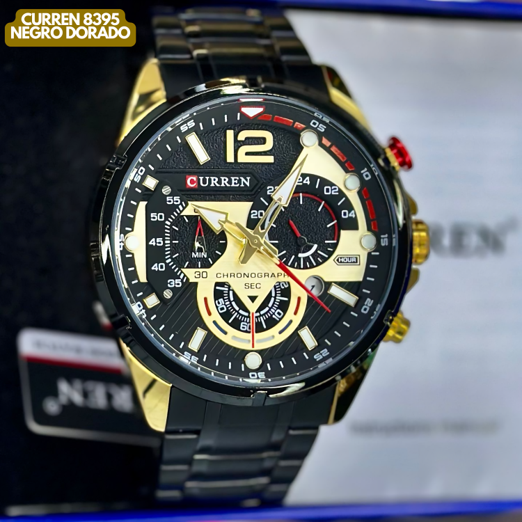 Reloj Curren M8395 Original | Negro & Dorado | Pulso en Acero Inoxidable