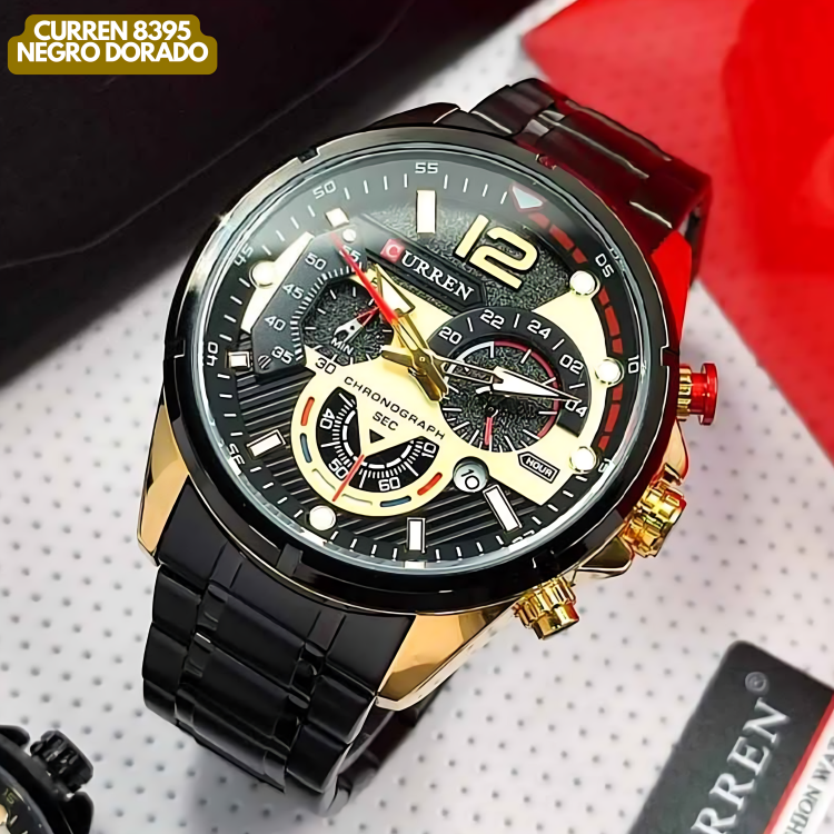 Reloj Curren M8395 Original | Negro & Dorado | Pulso en Acero Inoxidable