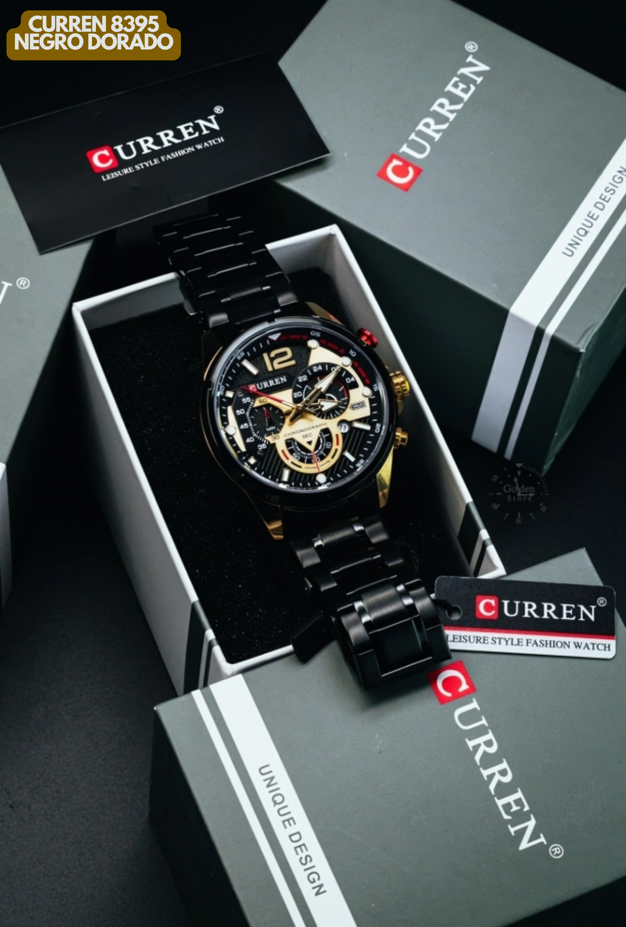 Reloj Curren M8395 Original | Negro & Dorado | Pulso en Acero Inoxidable